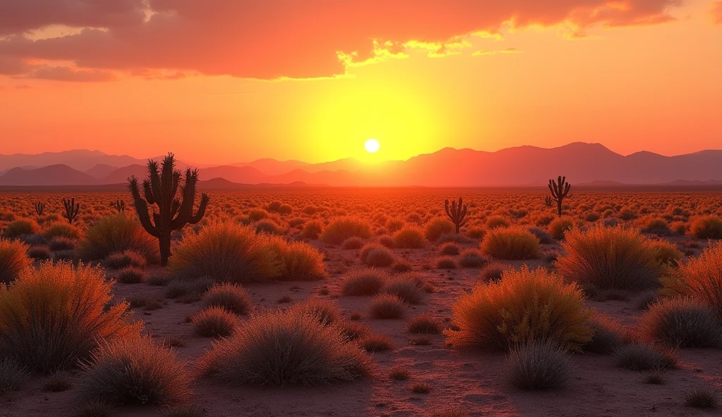 Create a scrubland landscape in the state of Arizona, USA, with a beautiful orange sun, conveying an idea of hope, with a beautiful horizon. Put lots of bushes, make it very realistic.