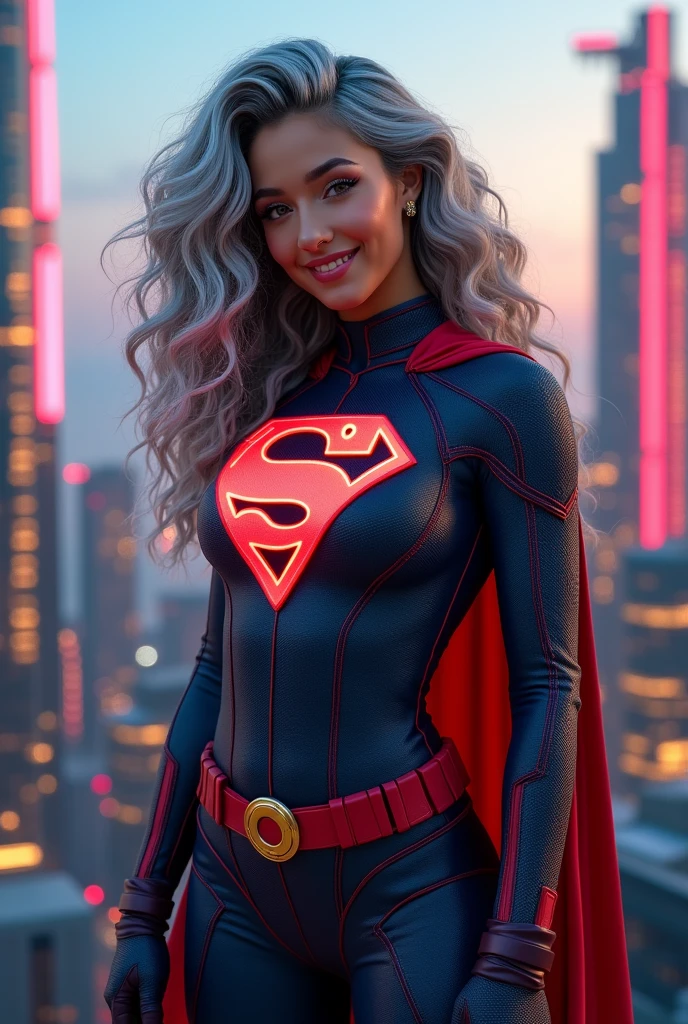 A beautiful youthful looking American version of Ariana Grande as a 50 years old woman with long her completely gray hair in a big curls styles as a retired American inspired superhero wearing her costume suit witch looks like a comic superhero suit again for a photoshoot on top of a skyscraper with a future looking big city skyline in the background she is smiling for the camera