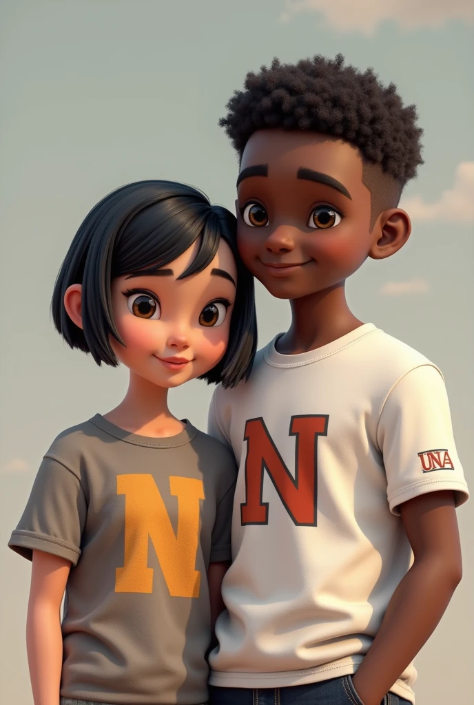 Photorealism of a short, black-haired white girl wearing a t-shirt with an N, and a tall dark-skinned boy, strong, brown eyes with. A t-shirt from una M