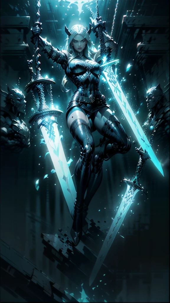 (full body portrait), Magik of X-men, Illyana Rasputin with long white hair, piercing blue eyes, wearing a low cut unitard with high cut legs, tight thigh high boots, holding a glowing magical sword, side view of jumping with sword raised back behind head, (huge overhead swing of sword:1.27), in a mystical realm with swirling energy, (best quality,8k,highres,masterpiece:1.2),ultra-detailed,concept art,dark fantasy,digital painting,dramatic lighting,cinematic,intricate details,ethereal,otherworldly atmosphere