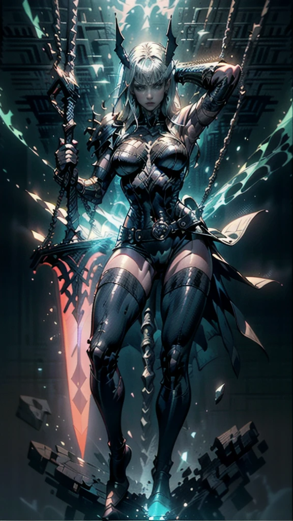 (full body portrait), Magik of X-men, Illyana Rasputin with long white hair, piercing blue eyes, wearing a low cut unitard with high cut legs, tight thigh high boots, holding a glowing magical sword, side view of jumping with sword raised back behind head, (huge overhead swing of sword:1.27), in a mystical realm with swirling energy, (best quality,8k,highres,masterpiece:1.2),ultra-detailed,concept art,dark fantasy,digital painting,dramatic lighting,cinematic,intricate details,ethereal,otherworldly atmosphere