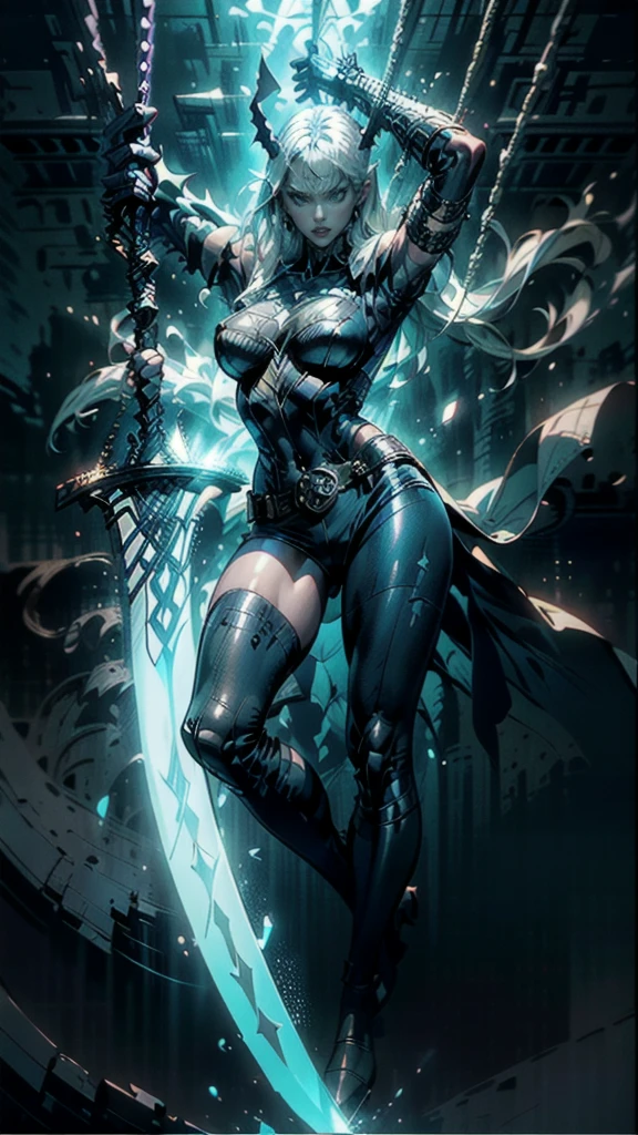 (full body portrait), Magik of X-men, Illyana Rasputin with long white hair, piercing blue eyes, wearing a low cut unitard with high cut legs, tight thigh high boots, holding a glowing magical sword, side view of jumping with sword raised back behind head, (huge overhead swing of sword:1.27), in a mystical realm with swirling energy, (best quality,8k,highres,masterpiece:1.2),ultra-detailed,concept art,dark fantasy,digital painting,dramatic lighting,cinematic,intricate details,ethereal,otherworldly atmosphere