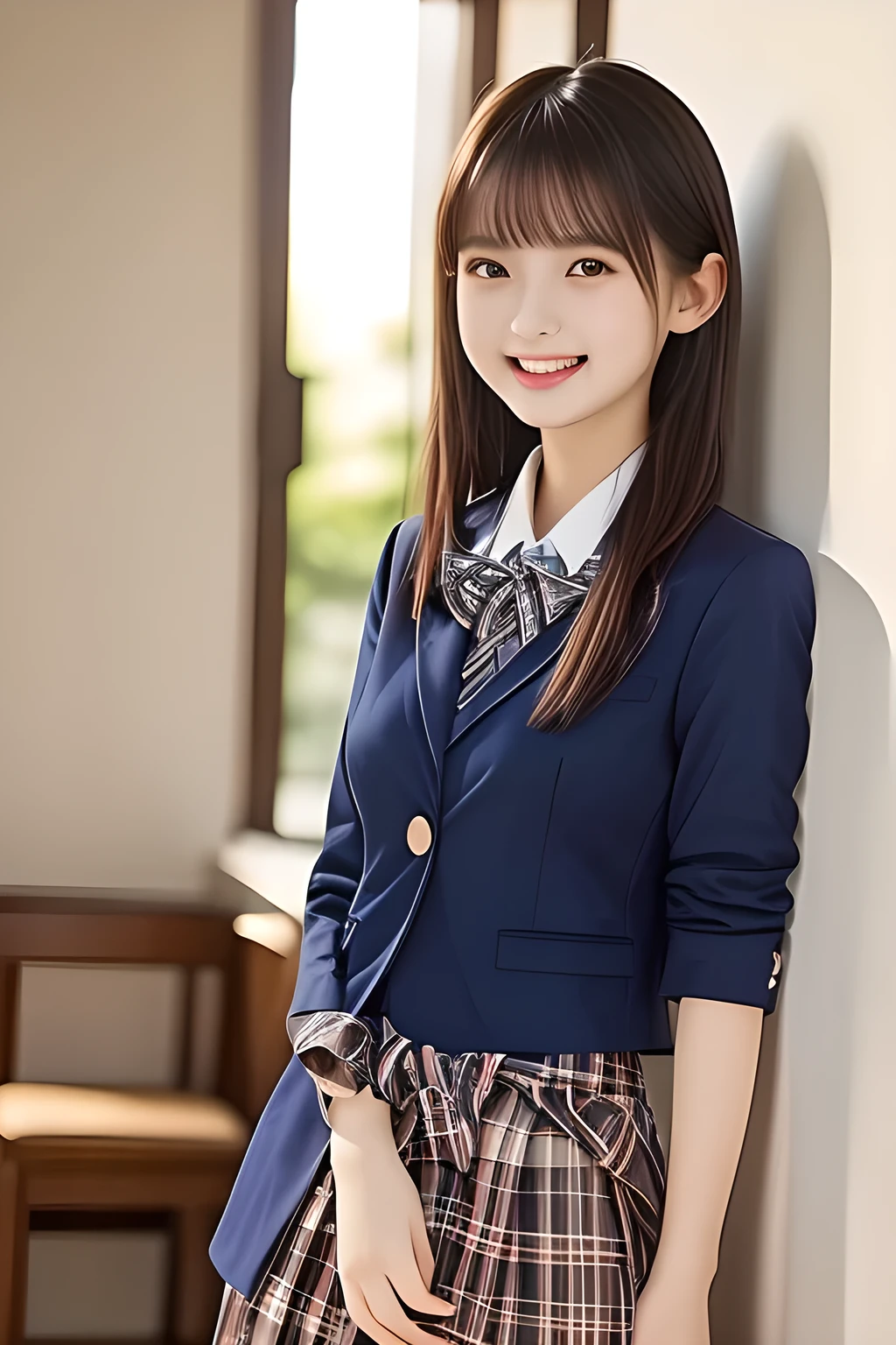 (highest quality, masterpiece, high resolution:1.2), 4K, (Photo quality well detailed white white white face: 1.2), geometry, ( cute girly Japanese sensitive weak girl with very detailed graceful cute smiling face: 1.5), Laughing cutely, (Japanese school girly navy-colored blazer uniform: 1.4), (blue expensive pleated checkered school skirt inside the blazer: 1.6), (big sharp breast: 1.3), (Dark red glossy school ribbon on the breast: 1.0), (Extremely laughing cheeks: 1.0), (Beautiful pretty large laughing cute cute cute childish eyes with detailed and balanced well: 1.4), (Double eyelids: 1.0), (Long bottom eyelashes: 1.2), (Glossy very wet lips: 1.0), (Super-straight hair, extremely very long hair which reaches her waist: 1.3), (plain light orange-colored wall paper with cute white heart marks)