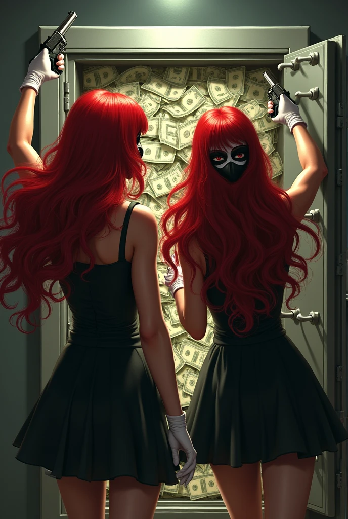 2 women wearing a long red hair wig with a mask and wearing white leather gloves and who are holding up a bank in a safe with a lot of money inside with guns and bags