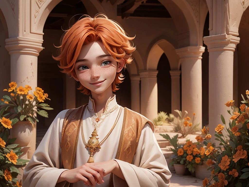 a young man with medium-length orange hair, wearing a schoolboy, oriental-style sorcerer's outfit, looking like a magician, with freckles, with hazel eyes and a cheerful expression, smiling, oasis, ancient arabic building style, in a desert, desert plant, desert flowers, arabic-style castle, MAGIC, magic circle, natural light, detailed face, beautiful eyes, delicate features, soft colors, serene atmosphere, high quality, detailed, photorealistic, photo-realistic:1. 37, 4k, ultra-detailed, extremely detailed, hyperrealistic, highly detailed, masterpiece:1.2, vibrant colors, natural lighting, cinematic, dramatic, fantastic, magical, surreal.