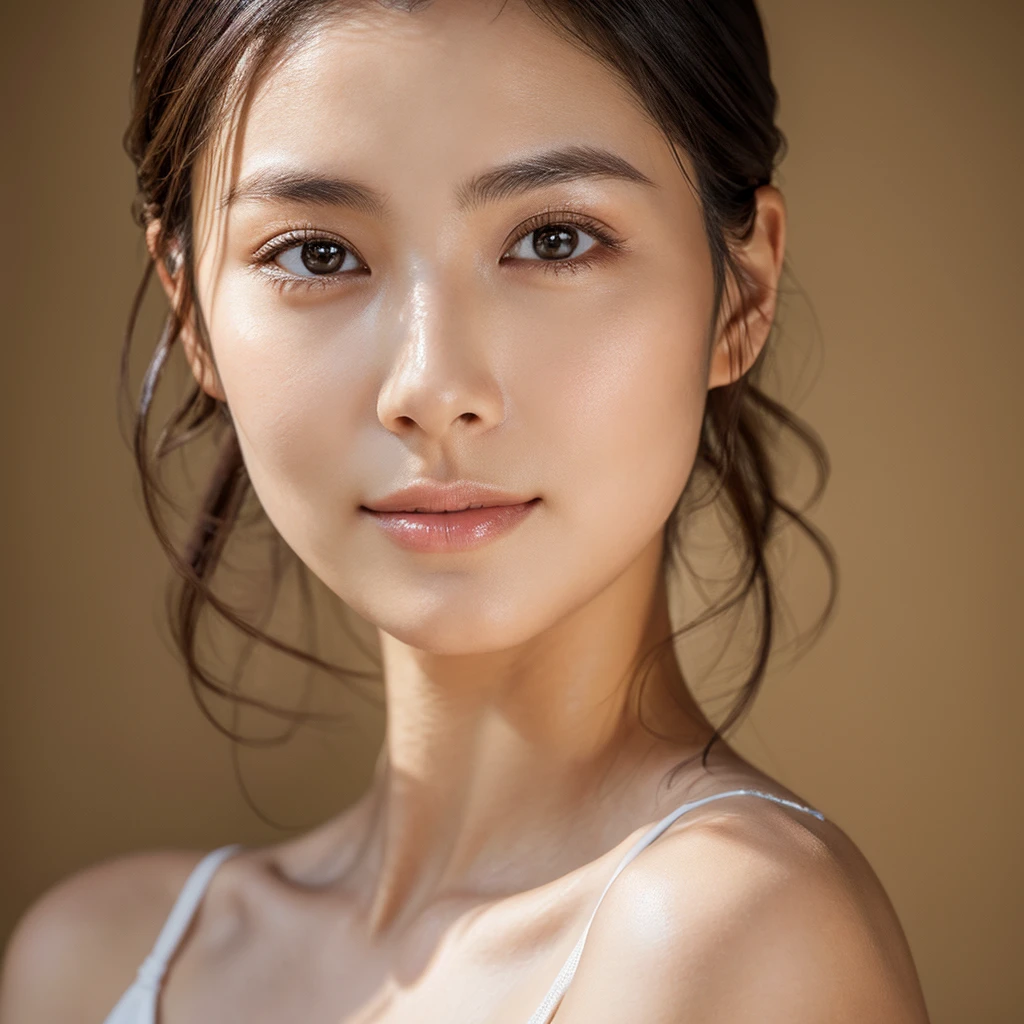 A stunningly beautiful Japanese model and actress in her early 20s, captured in a close-up 4K image that highlights her exquisite features. Her skin is incredibly lifelike, with a smooth, even complexion and a natural, warm beige undertone. The skin has a subtle, healthy glow with a slight dewy finish, revealing soft, natural pores and a gentle sheen that enhances its realism. Fine details such as the soft texture of her cheeks and the delicate shading around her eyes add to the authenticity of her appearance. Her straight, silky black hair frames her face perfectly, and her large, almond-shaped eyes are a deep, captivating brown, with long lashes that enhance their allure. Her high cheekbones, perfectly proportioned nose, and naturally full lips create a harmonious and striking visage. The lighting is soft and natural, casting gentle shadows that emphasize the contours of her face and the delicate texture of her skin. Her gaze is direct and intense, with a hint of a mysterious smile that exudes both elegance and confidence. This 4K image captures the essence of an absolute beauty, with every detail, especially the realistic skin, rendered in stunning clarity.