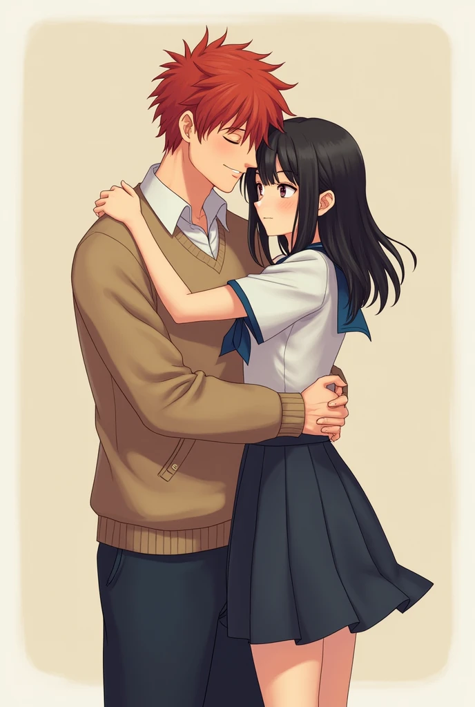 Create an image, of a girl, long straight hair, the color of black hair, in a school uniform, hugging a red haired man