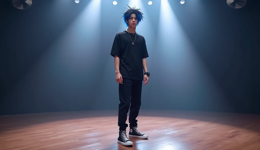 Imagine a handsome asian teenage , standing confidently on a brightly lit stage. His black neat messy hair, with streaks of vibrant blue, Around her neck, a thin black bracelet hangs loosely, wearing the black converse with the iconic white star logo contrasting against the polished wooden floor. His attire is both edgy and stylish, a black shirt paired with sleek black boots, completing the captivating image of a talented musician lost in the moment.