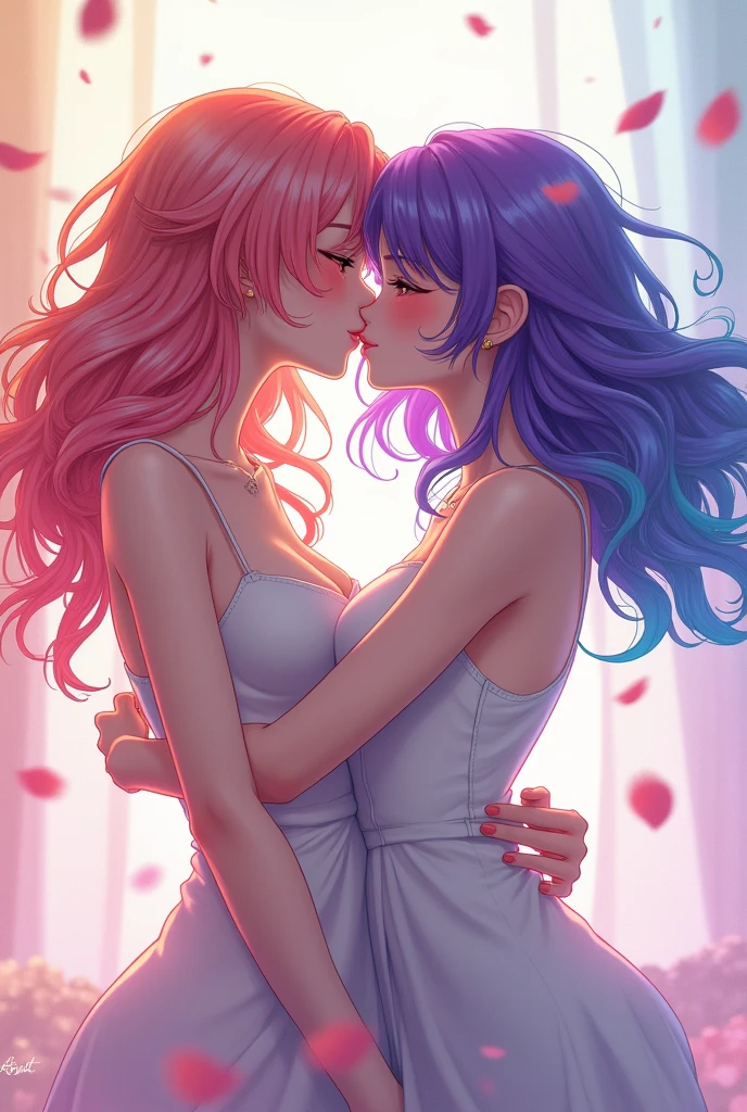 Girl with colored hair, thin and white beijando de língua outra garota de cabelo roxo, thin and white, anime styling