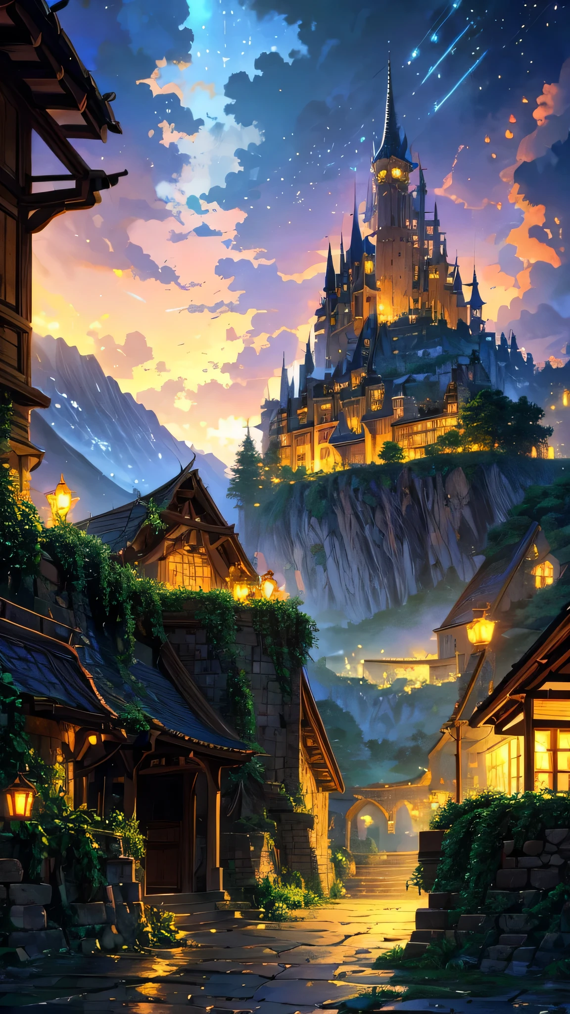 anime village with a mountain in the background, medeival fantasy town, mountain fortress city, fantasy town setting, detailed fantasy digital art, a bustling magical town, detailed digital concept art, cliffside town, 4k highly detailed digital art, fantasy town, detailed 4k concept art, highly detailed fantasy art, beautiful detailed concept art, steampunk villages castles (brokeh effect) (fireflies and glowing effect)