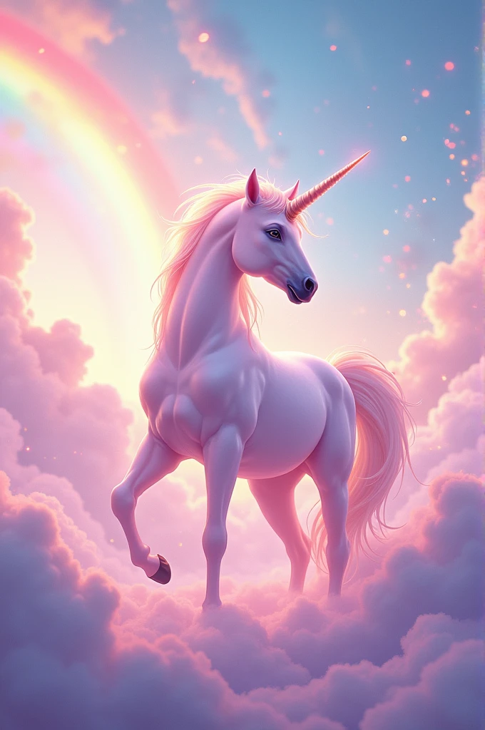 Unicorn in pink sky with rainbow
