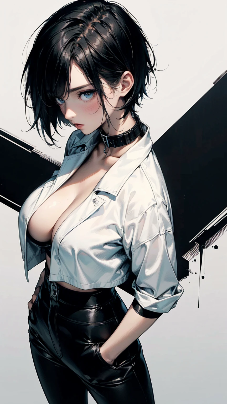 Top view, woman with hands in pockets, Asymmetrical Short Hair, White Y-shirt and black leather pants combination, Exposed , abstract design, Anime Style, Digital Painting, (masterpiece, High resolution, Highest quality)