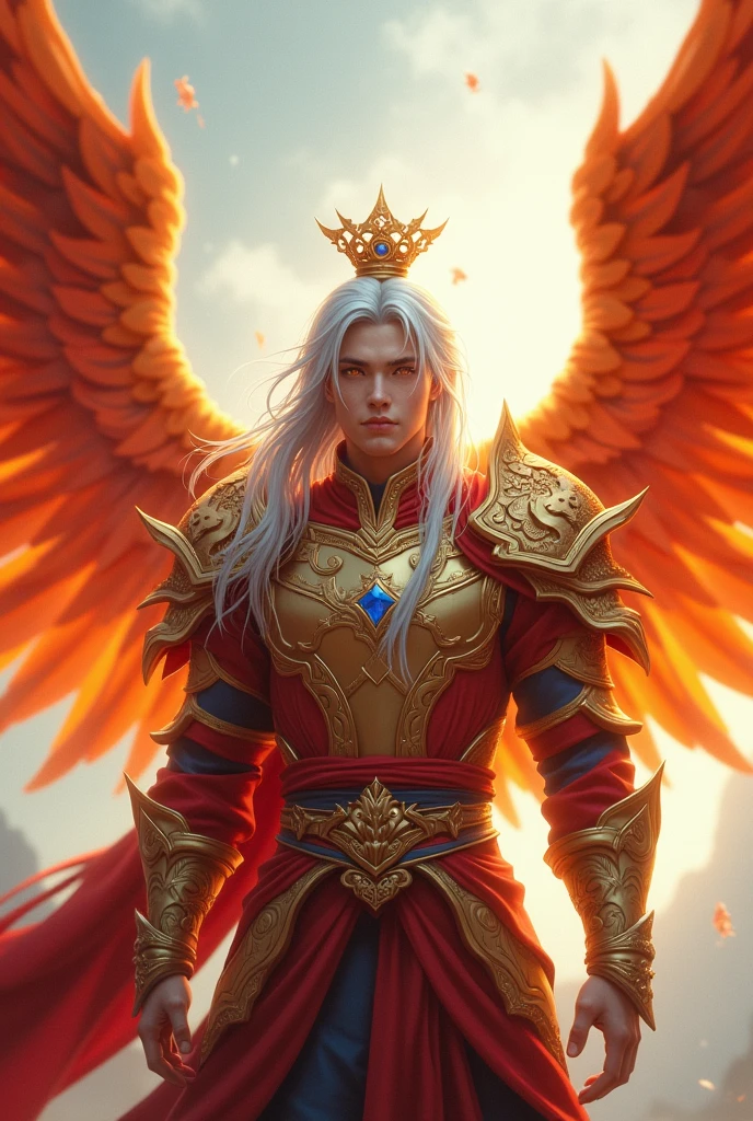 Handsome young man protagonist xianxia,golden amber eyes and long silver hair, sapphire crown floating at top head,Use armour with red and yellow color combination featuring like Chinese Phoenix,wings at back,ultra hd, better quality