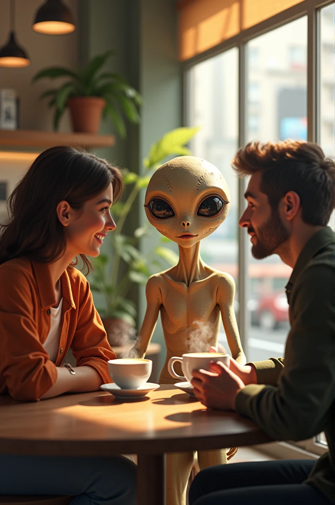 Alien having coffee with two people