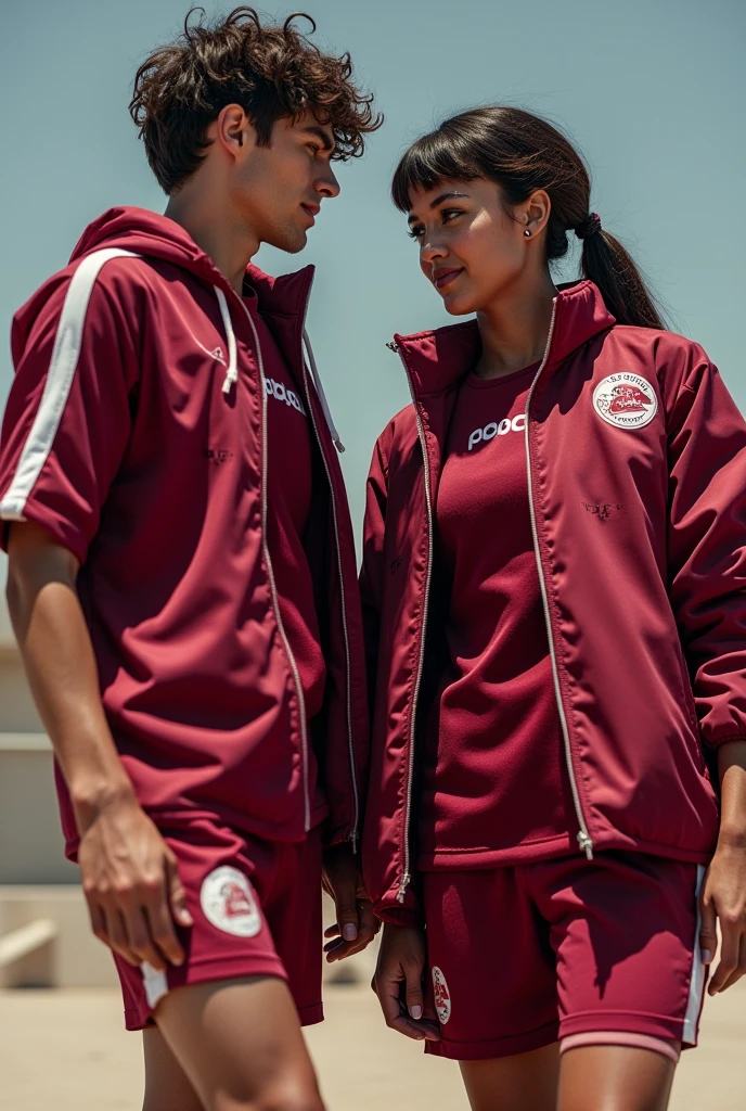 A man and a woman in a maroon sports uniform, with a cherry jacket and a lead t-shirt