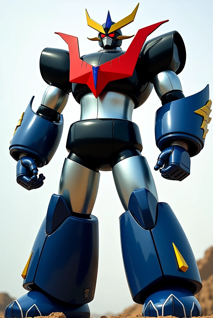 Generate an image of Mazinger Cero, an imposing and epic mecha. The image should show Mazinger Cero in a dominant and powerful pose. The robot should have a robust and detailed design:

Head: Design a head with an aerodynamic triangular-shaped helmet resembling an eagle's head, with intense red eyes and antennae curved backward. The visor should have a blue electric glow.

Torso: Create a robust torso with reinforced armor plates, featuring an energy emblem in the center of the chest emitting a golden light. The armor should have a shiny metallic finish with details in electric blue and gold.

Arms and Hands: The arms should be muscular with segmented armor. The hands should end in sharp claws and include integrated energy cannons.

Legs: The legs should be strong and muscular, with segmented armor allowing flexibility. The feet should be wide and solid, with hidden thrusters for jumps and slides.

Armor and Additional Details: Add visible energy circuits throughout the armor. The surface should have a metallic finish with touches of electric blue and gold. Include energy panels on the shoulders and back emitting a blue glow.

Weapons and Equipment: Show missiles integrated into the shoulders, an extendable energy sword from the arm, a plasma cannon mounted on the chest, and a deployable energy shield.

Pose and Attitude: Place Mazinger Cero in a dominant stance, with one leg slightly forward and arms extended, conveying a sense of invulnerability and determination.