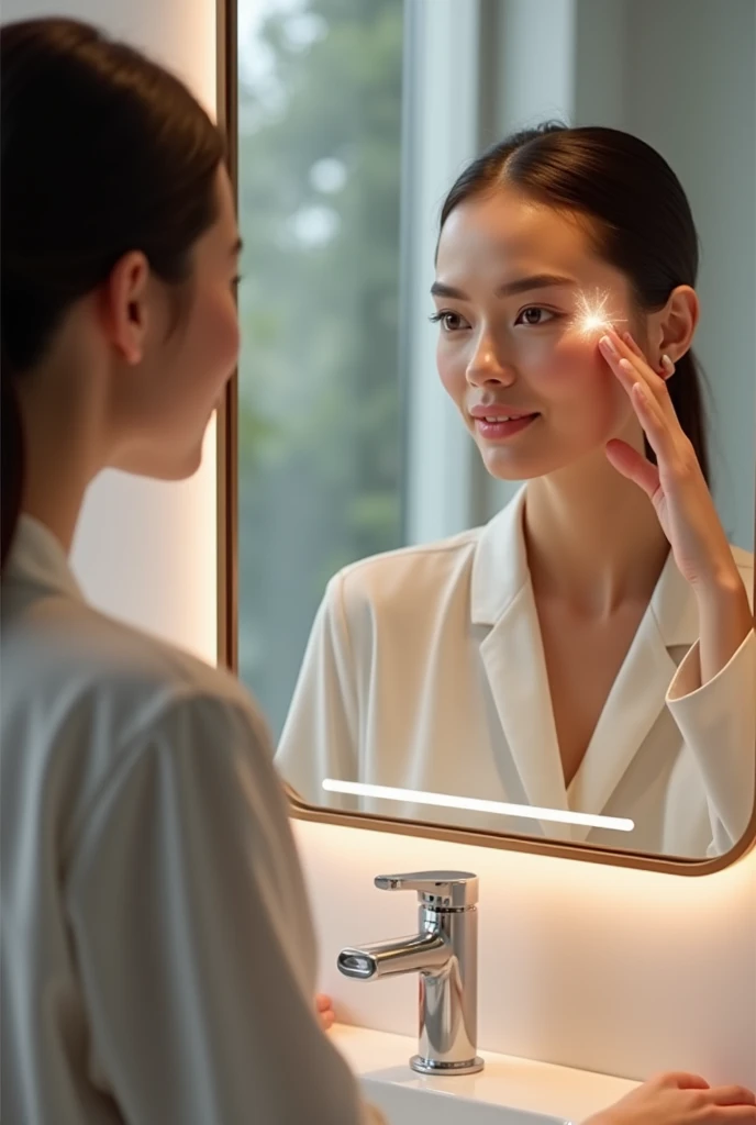Make a mirror that is smart and helps you find skin imperfections to avoid going to a doctor and gives you makeup advice
,but it has to be a nice design ,just that the mirror is there and has buttons with different functions,It has to be an image to sell the product,like the one you made recently now put it on a nice person using it