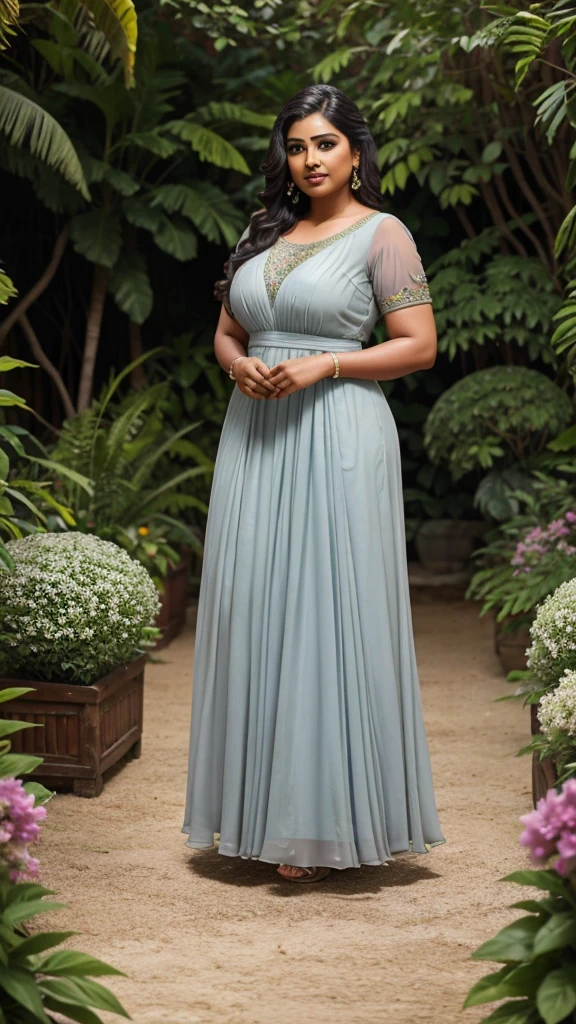 Garden scene, A radiant, full-figured South Indian 35 year old aunty a gray colour chiffon mini gown, standing, in a garden, captured in a full-body image with vibrant hues and meticulous details. Full body image