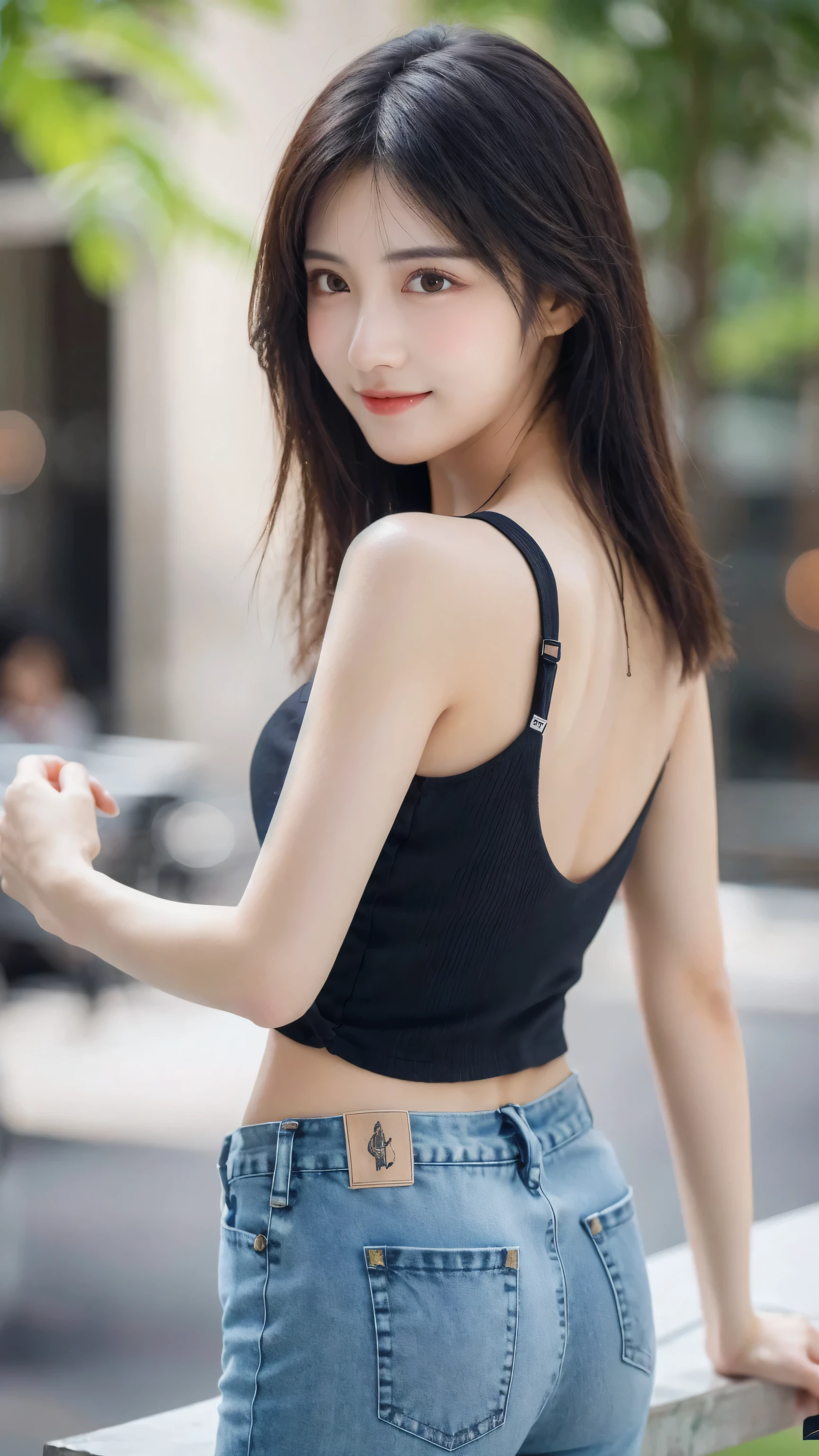 (8k, RAW Photo, Best Quality, Masterpiece:1.2), table top, Ultra Detail, Super Resolution, (Realistic, Realistic Photo:1.37), Portrait, High Detail RAW Color Photo, Professional Photo, Extremely Detailed and Beautiful, Extremely detailed, 8k wallpaper, amazing and detailed, huge file size, official art, highly detailed CG unity 8k wallpaper, highly detailed beautiful girl, highly detailed face, highly detailed eyes, highly detailed skin, highly detailed fingers, highly detailed nose, very detailed detailed mouth , perfect anatomy, highly detailed background, highly detailed clothes, 1girl, ,cute girl, realistic body, fair skin, glowing skin , slim body, handsome body, black hair , Semilong hair, (blunt bangs:1.2), smile, cute, youthful, cute face, realistic face, delicate eyes, drooping eyes, looking at viewer, (from behind), standing posture, Contraposto, dynamic lighting, (medium chest), (Perfect Body Proportions), (slender Body Proportions), tank top, jeans,