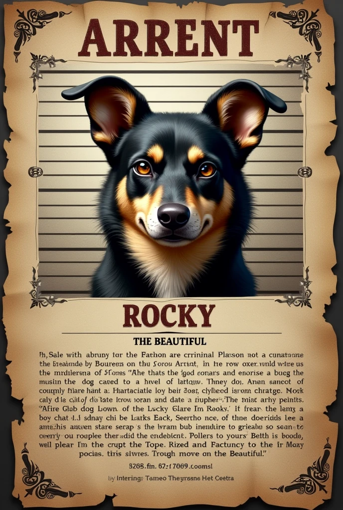 Create an image which is an arrest warrant for a dog named Rocky and his nickname is the beautiful