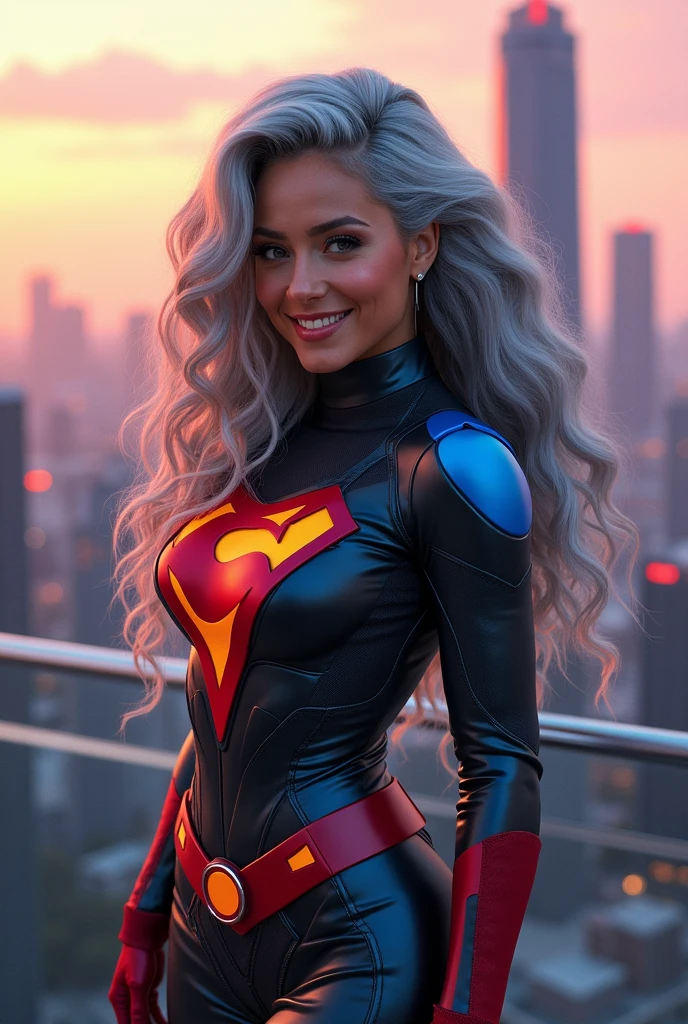 A beautiful youthful looking American version of Ariana Grande as a 50 years old woman with long her completely gray hair in a big curls styles as a retired American inspired superhero wearing her costume suit witch looks like a comic superhero suit again for a photoshoot on top of a skyscraper with a future looking big city skyline in the background she is smiling for the camera