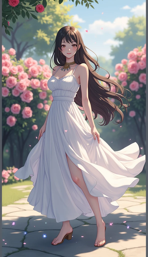 (masterpiece、Highest quality、8k、High resolution)、(One female、Beautiful Face、Beautiful eyes、Beautiful lips、Beautiful nose)、smile、The white upper teeth are faintly visible、Brown-black hair、(The best girl in anime)、garden、blue sky、Colorful flowers are blooming、Vibrant colors、Red roses are beautiful、(Body、whole bodyから神秘的な光の粒子、Colorful light particles、A mysterious light glowing around the head)、melt、jewelry、necklace、dress、(whole body)、Highly detailed anime art、A complete portrayal、
