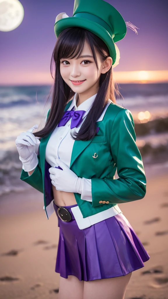 masterpiece, Highest quality, Mouse Egret, Purple hat, Hair Clip, Green ribbon, Purple Jacket, White gloves, belt, Purple Mini Skirt, Upper Body, blush, smile, View your viewers, Beach, night, moon, firework, Place your hand on your chest