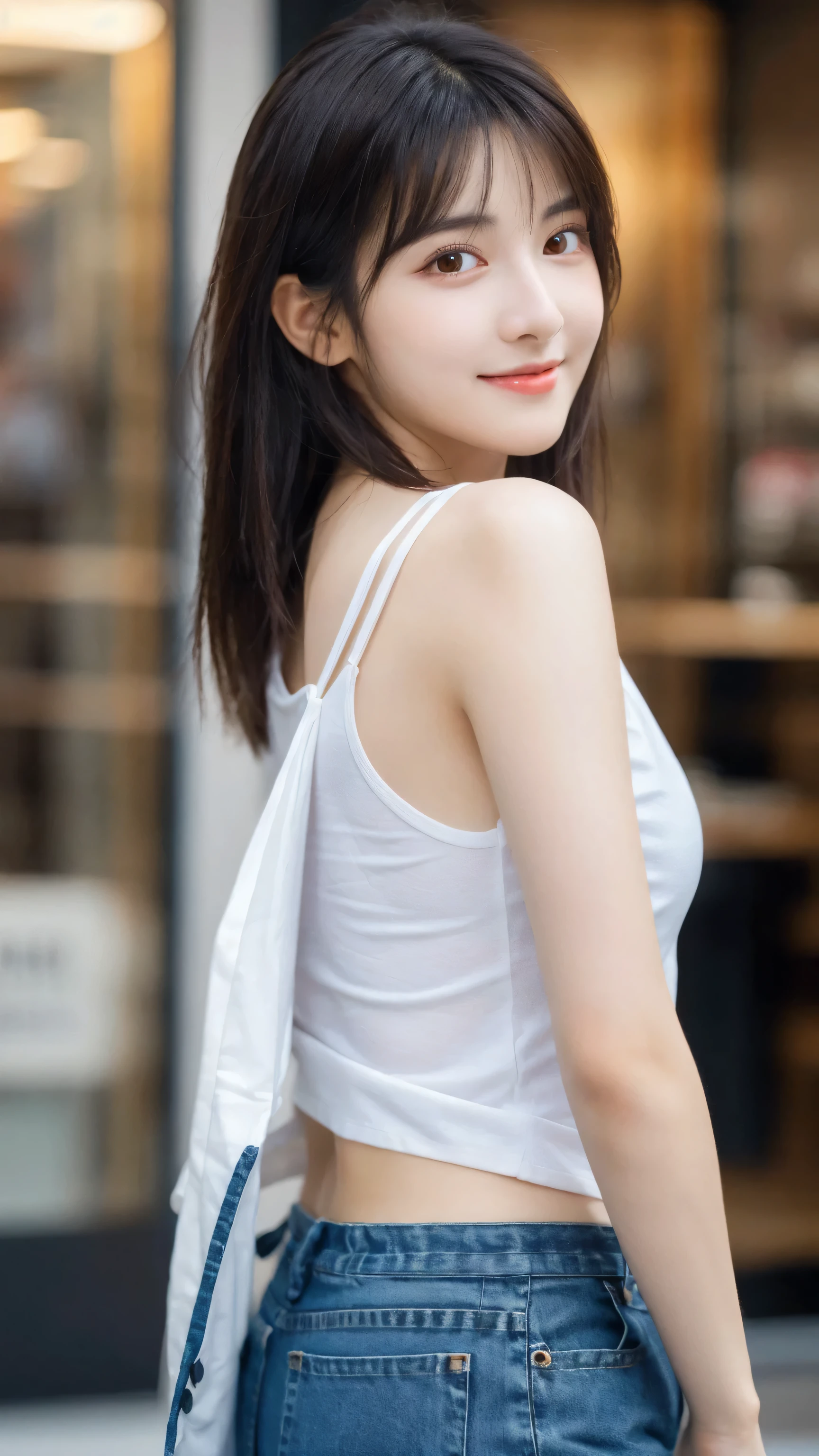 (8k, RAW Photo, Best Quality, Masterpiece:1.2), table top, Ultra Detail, Super Resolution, (Realistic, Realistic Photo:1.37), Portrait, High Detail RAW Color Photo, Professional Photo, Extremely Detailed and Beautiful, Extremely detailed, 8k wallpaper, amazing and detailed, huge file size, official art, highly detailed CG unity 8k wallpaper, highly detailed beautiful girl, highly detailed face, highly detailed eyes, highly detailed skin, highly detailed fingers, highly detailed nose, very detailed detailed mouth , perfect anatomy, highly detailed background, highly detailed clothes, 1girl, ,cute girl, realistic body, fair skin, glowing skin , slim body, handsome body, black hair , Semilong hair, (blunt bangs:1.2), smile, cute, youthful, cute face, realistic face, delicate eyes, drooping eyes, looking at viewer, (from behind), standing posture, Contraposto, dynamic lighting, (medium chest), (Perfect Body Proportions), (slender Body Proportions), tank top, jeans,
