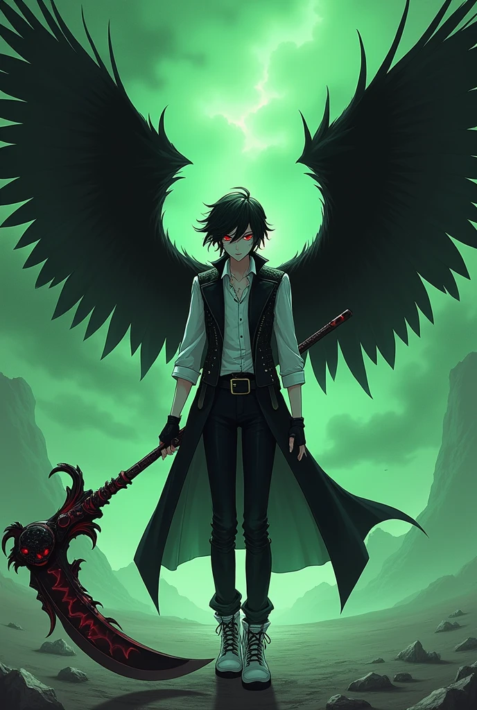 A gothic male teenager he has large black wings so large they could have laid him on the ground he has pale skin red eyes black hair he is wearing a long white shirt with a black crocodile leather vest open he is wearing fingerless biker gloves blue jeans white and black shoes he is surrounded by green souls and white moths he is holding a very macabre scythe that has a skull he is in a place that has no life and there is a green glow in the sky the image has to be in anime