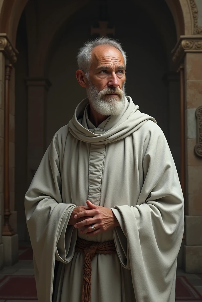Create a monk of the roman Catholic Church, in a "light" gray robe attire. Age 40. #Medieval #NoCross