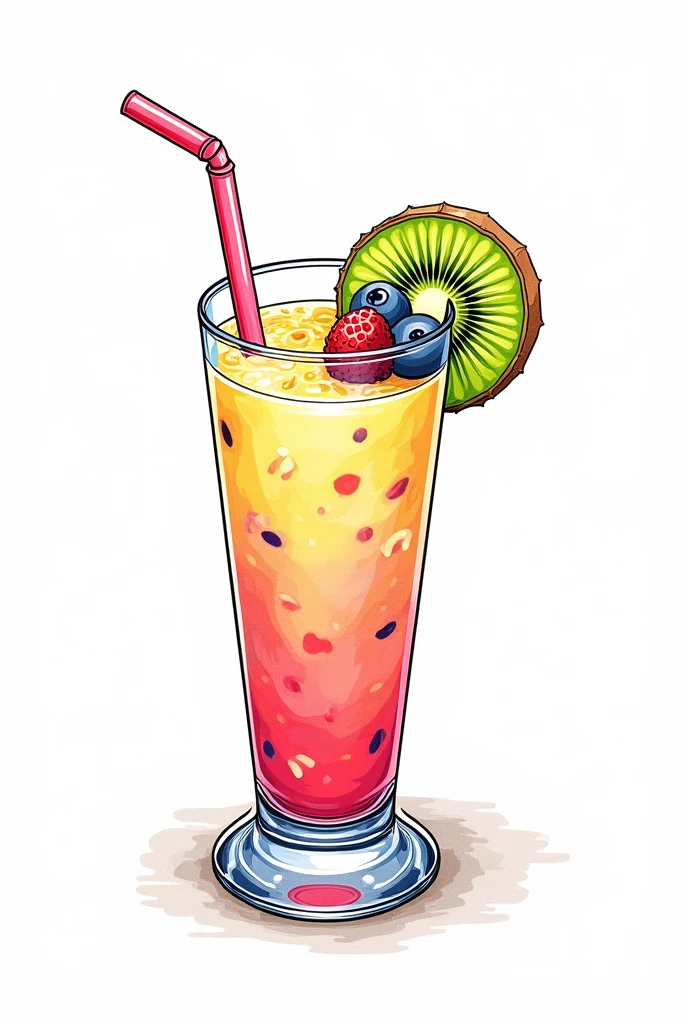 Best Quality, High resolution, masterpiece:1.2, ultra detailed, realist :1.37. , White background, monochrome, Line drawing, Sketch., Make sure the lines are clear and well defined for easy coloring.. A colorful fruit smoothie in a tall glass with a straw, garnished with a slice of kiwi and some berries on top