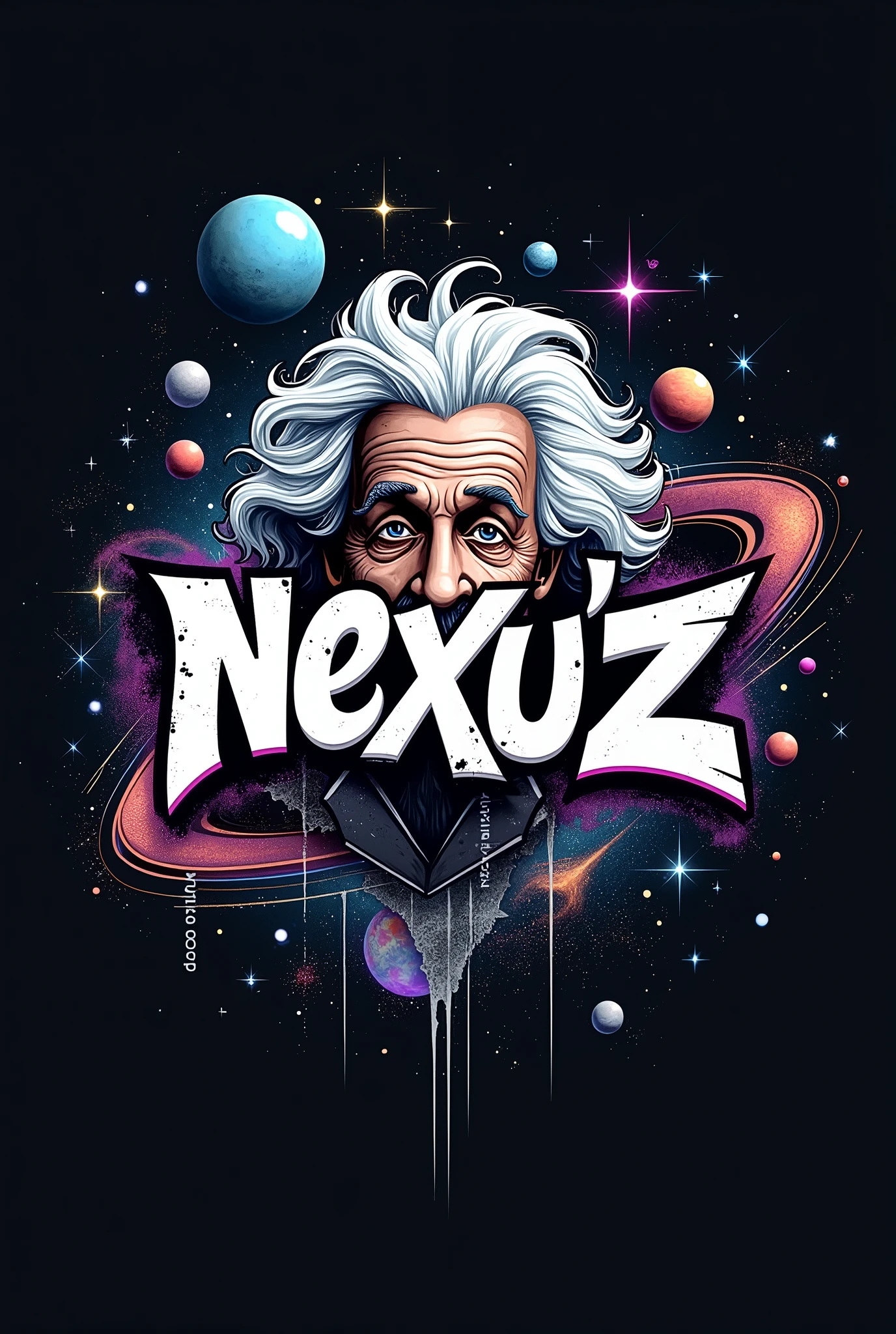 I want a logo the following ideas Text: "Nexu'z Bold" in graffiti style.
Visual Elements: Einstein's hair styled as part of the design, mixed with astronomical elements such as stars and planets.
colors: Use black and grey for an urban touch, with blue accents, purple, white and silver to represent physics.
urban style: Incorporate textures and details like graffiti, urban patterns and spray effects also make it minimalist simple but eye-catching with graffiti letters