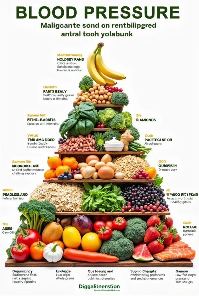 Food Pyramid for Blood Pressure Control Base of the Pyramid: Foods Rich in Potassium and Magnesium Fruits: bananas, Oranges, melancias, avocados.
veggies: spinach, broccoli, Sweet potato, carrot.
legumes: bean, lentils, chickpea.
second level: Low Sodium and Saturated Fat Foods Whole Grains: aveia, Integral rice, Quinoa, barley.
Nuts and Seeds: almonds, Nuts, sementes de chia, pumpkin seeds.
Lean Proteins: chicken breast, AngelT (especially salmon and tuna rich in omega-3).
third level: Foods that Help Cardiovascular Health Fatty Fish: salmon, sardine, mackerel (rich in omega-3 fatty acids).
healthy oils: olive oil, avocado oil.
Natural Herbs and Spices: garlic, onion, saffran, gingantic (help reduce sodium in the diet and have anti-inflammatory properties).
Top of the Pyramid: Foods to Eat in Moderation Low-Fat Dairy: Skimmed yogurt, skimmed milk.
Processed Meats: bacon, sausages (due to the high sodium and saturated fat content).
Sweets and Sugary Drinks: Consume in moderation to avoid weight gain and additional complications..