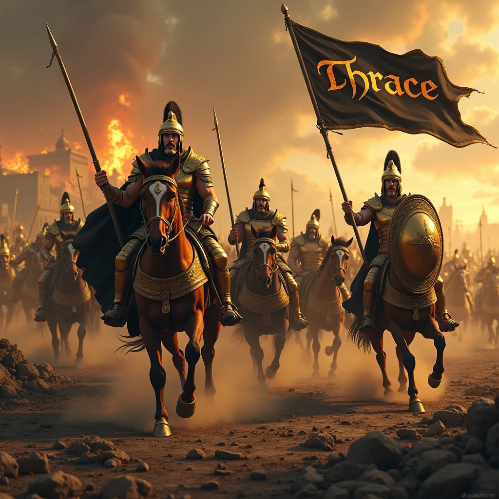 ( photographie ; ultra-réaliste ; ultra-détailé ) Armée de thrace dans la grèce antique portant des armures dorées reflétant la lumière, des tissus noirs, munie de leurs lances d'argents et leurs bouclier dorés, ils chargent vers les ennemies à pied ou à cheval, sur un champ de bataille apocalyptique dévasté. En arrière plan on aperçoit la ville de Troies en feu. Il est écrit "Thrace" sur un drapeau en lettre gothique