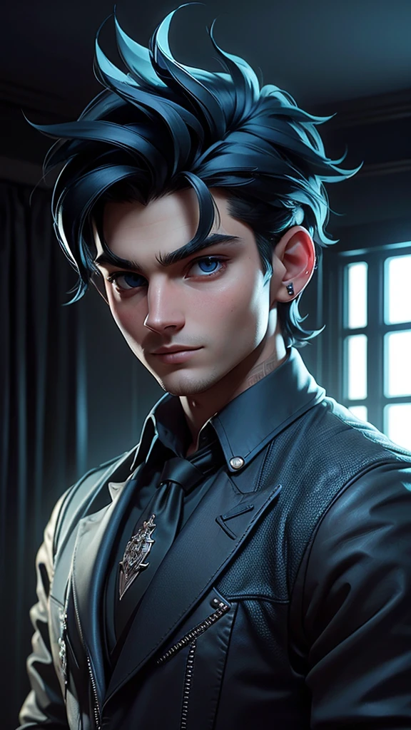 Young man with short-cut black hair tinted with blue, blue eyes, dark suit, gothic style, no smile, blue streaks in his hair, dark blue ripped jeans, black t-shirt, black leather vest, ear piercing, in his bedroom through the window, chiaroscuro lighting, dramatic contrast, cinematic atmosphere, highly detailed, photorealistic, 8k, hyper realistic, masterpiece, photorealistic, photo-realistic:1. 37, 4k, ultra-detailed, extremely detailed, hyperrealistic, highly detailed, masterpiece:1.2, vibrant colors, natural lighting, cinematic, dramatic, fantastic, magical, surreal.