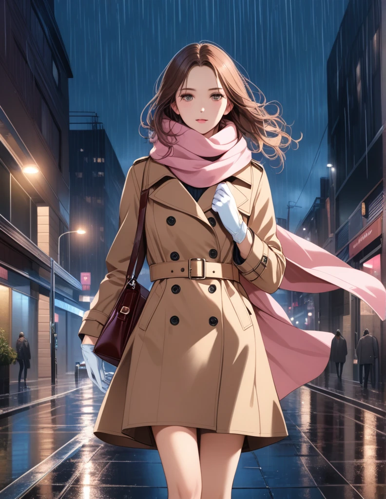 Masterpiece, hd, 1girl with long brown hair wearing a fully buttoned up closed and beige belted buckle knee-length trench coat with a tucked up large pink winter wool scarf and white gloves carrying her large pink purse blown by the hard wind at the hard rainy night city street full body 8k)