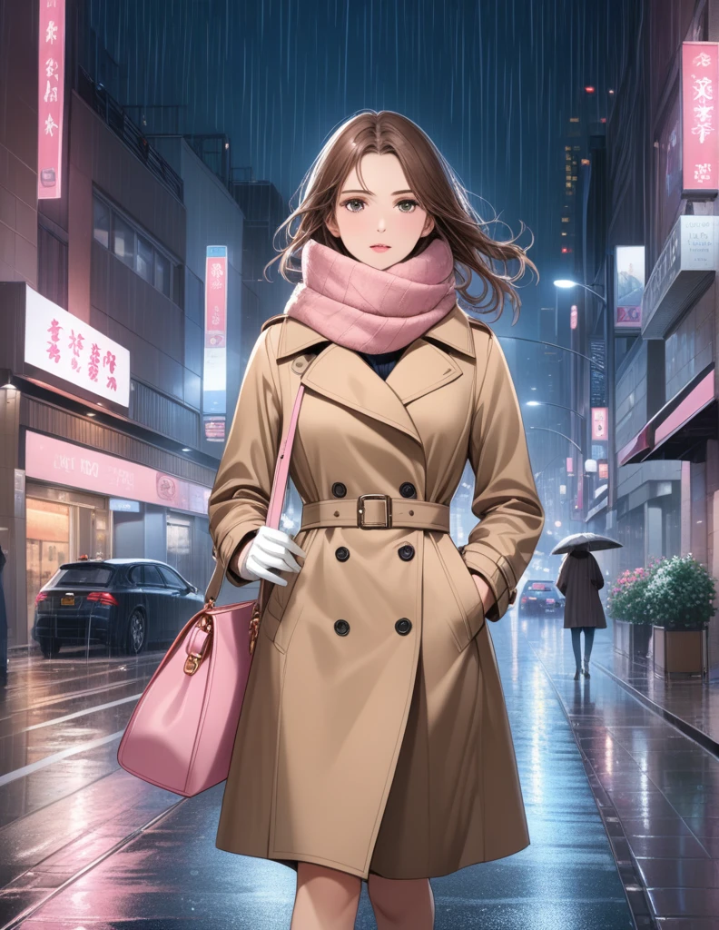 Masterpiece, hd, 1girl with long brown hair wearing a fully buttoned up closed and beige belted buckle knee-length trench coat with a tucked up large pink winter wool scarf and white gloves carrying her large pink purse blown by the hard wind at the hard rainy night city street full body 8k)