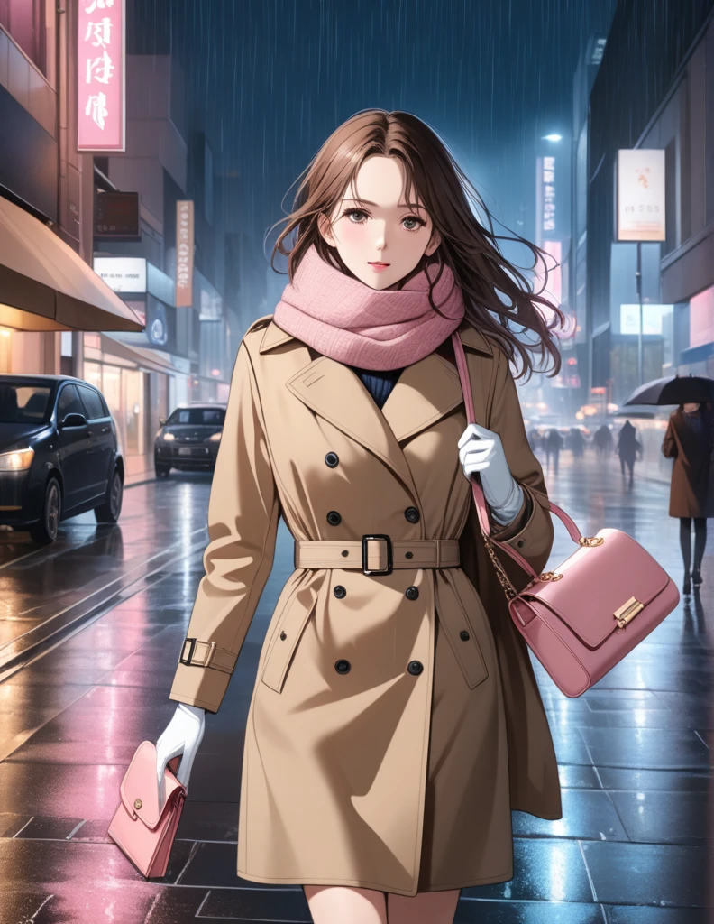 Masterpiece, hd, 1girl with long brown hair wearing a fully buttoned up closed and beige belted buckle knee-length trench coat with a tucked up large pink winter wool scarf and white gloves carrying her large pink purse blown by the hard wind at the hard rainy night city street full body 8k)