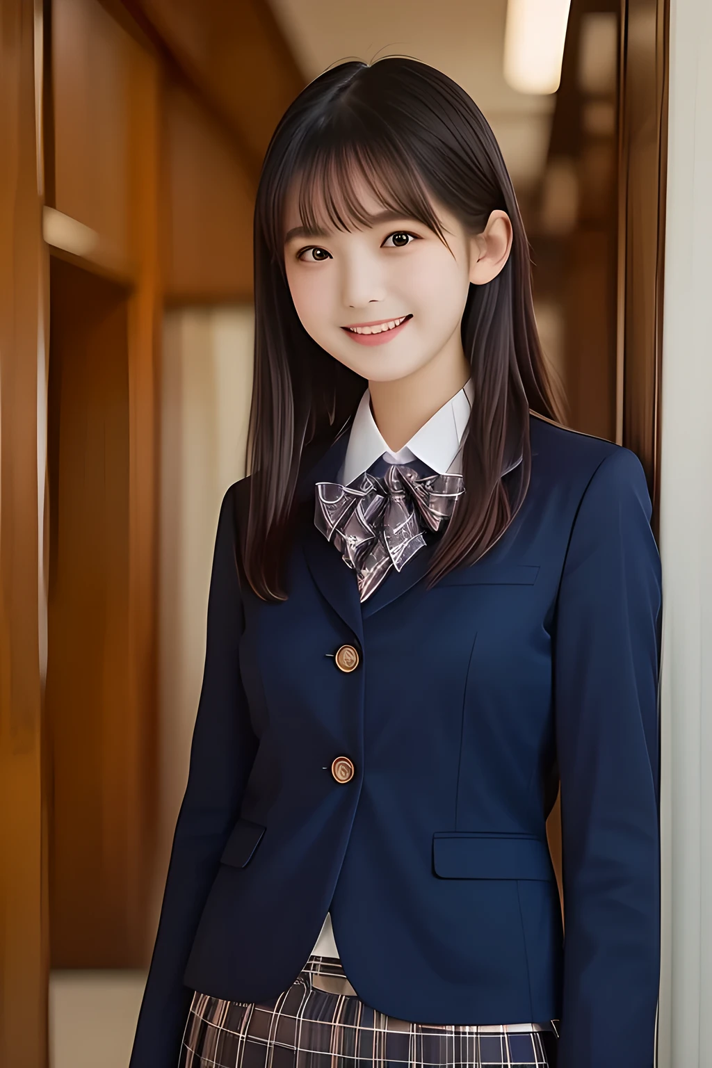 (highest quality, masterpiece, high resolution:1.2), 4K, (Photo quality well detailed white white white face: 1.2), geometry, (14 yo cute girly Japanese sensitive weak girl with very detailed graceful cute smiling face: 1.5), Laughing cutely, (Japanese school girly navy-colored blazer uniform: 1.4), (blue expensive pleated checkered school skirt inside the blazer: 1.6), (big sharp breast: 1.3), (Dark red glossy school ribbon on the breast: 1.0), (Extremely laughing cheeks: 1.0), (Beautiful pretty large laughing cute cute cute childish eyes with detailed and balanced well: 1.4), (Double eyelids: 1.0), (Long bottom eyelashes: 1.2), (Glossy very wet lips: 1.0), (Super-straight hair, extremely very long hair which reaches her waist: 1.3), (plain light orange-colored wall paper with cute white heart marks), (The white light illuminates her face and the ribbon on her chest.)