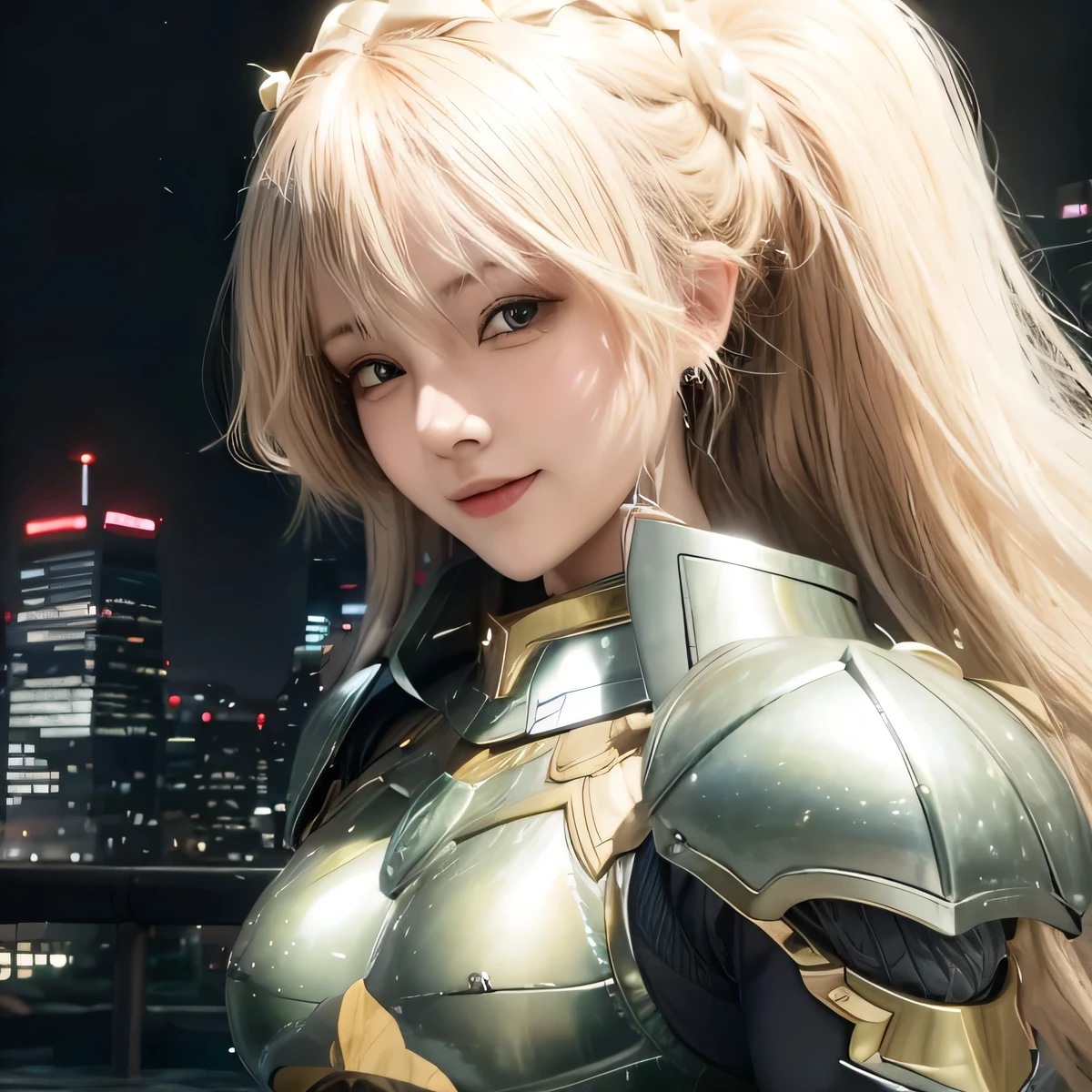 Gold hair, armor, masterpiece, best quality, CG, wallpaper, HDR, high quality, high-definition, extremely detailed, smile, cute girl, ultra realistic, realistic eyes, ultra detail, 70 mm lens