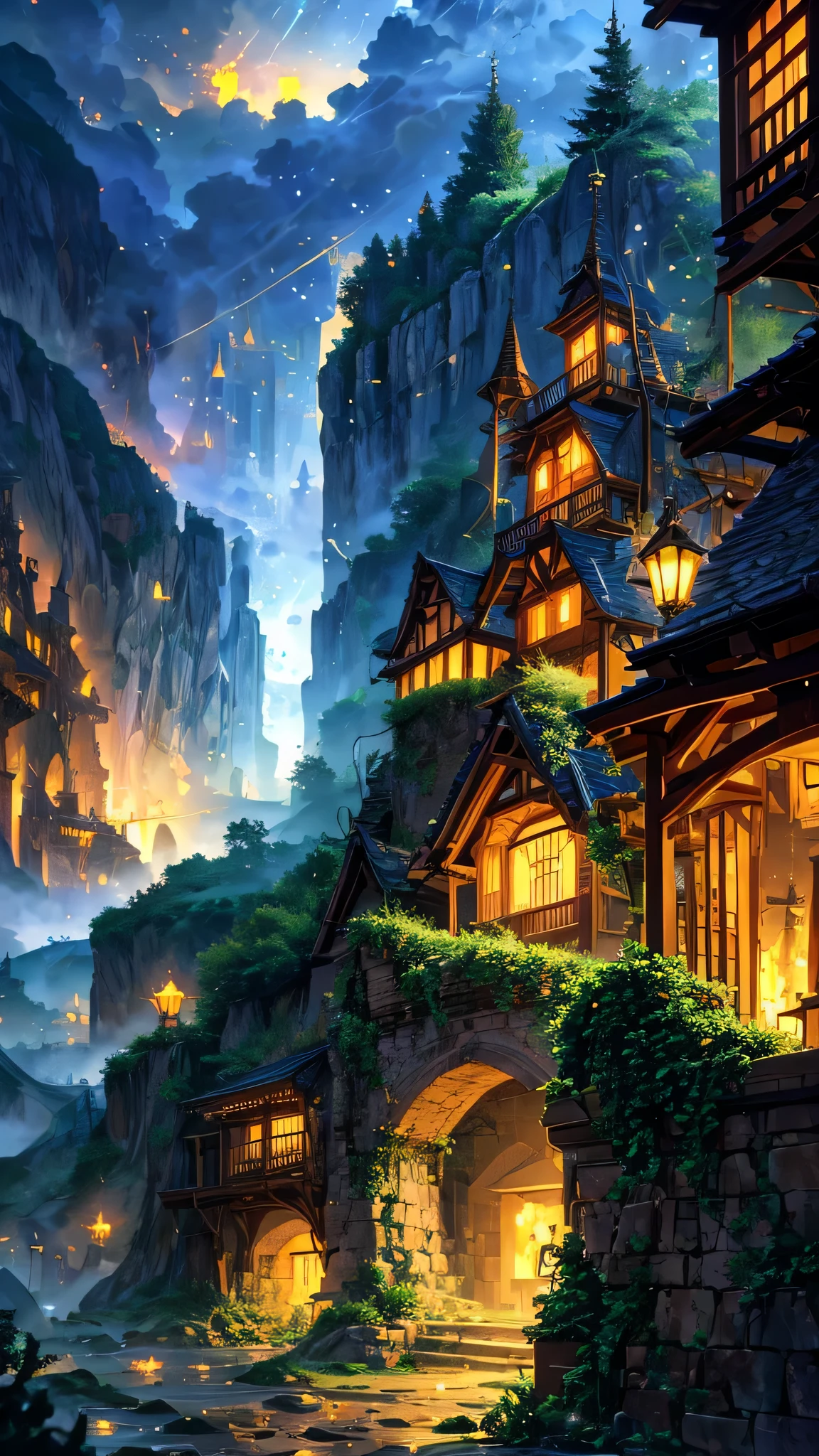 anime village with a mountain in the background, medeival fantasy town, mountain fortress city, fantasy town setting, detailed fantasy digital art, a bustling magical town, detailed digital concept art, cliffside town, 4k highly detailed digital art, fantasy town, detailed 4k concept art, highly detailed fantasy art, beautiful detailed concept art, steampunk villages castles (brokeh effect) (fireflies and glowing effect)