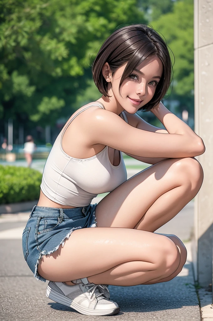 High resolution, beautiful woman, pretty face, symmetrical eyes, smiling face, model-like proportions, short bob hair, tight tiny tank top, denim micro mini skirt, white panties, pantyhose, sneakers, sports watch, squatting with legs apart, daytime park, fountain, blurred background, highlighted outline of figure,