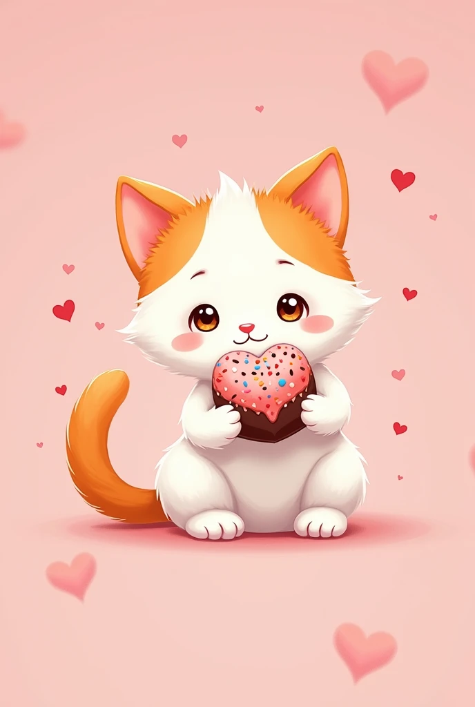  2D anime animation kitten white with orange, your paws are white, her orange ears and her pink snout, its tail is orange, He is sitting on a pink background full of hearts holding a beautiful brigadeiro completely full of colorful sprinkles.
