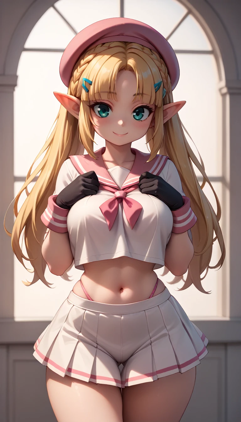 High resolution, Very detailed, perfect lighting, beautiful detailed eyes, ((masterpiece,Best Quality)), absurdities, alone, princess zelda, by the width, crown braid, Hair clip, pointy ears, Gloves without fingers, black gloves, smile, curves, nod, , deep neckline, deep neckline, pink thong, touching her breasts in a sexy way, close up, pigtails with bangs, pigtails with bangs, touching her breasts in a sexy way, teal eyes, close up, pigtails with fringe, pink beret, tight sailor costume, tight sailor costume, white short skirt
