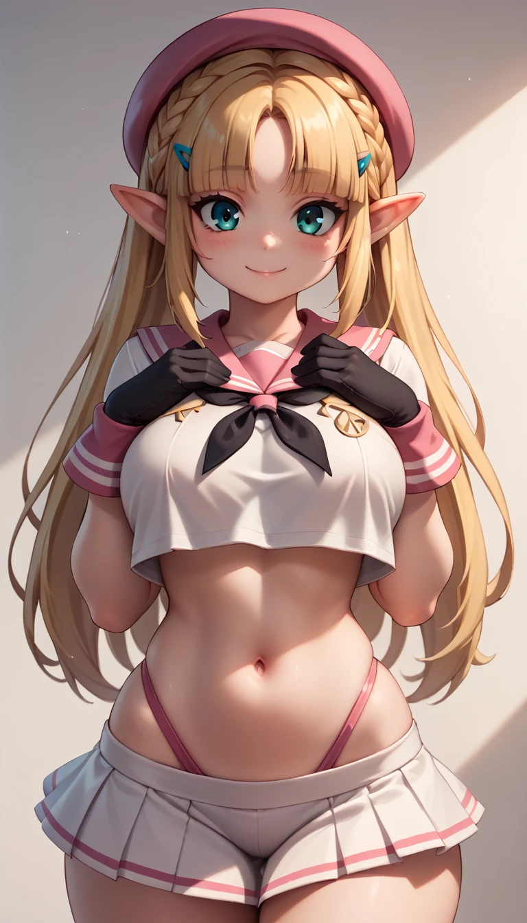 High resolution, Very detailed, perfect lighting, beautiful detailed eyes, ((masterpiece,Best Quality)), absurdities, alone, princess zelda, by the width, crown braid, Hair clip, pointy ears, Gloves without fingers, black gloves, smile, curves, nod, , deep neckline, deep neckline, pink thong, touching her breasts in a sexy way, close up, pigtails with bangs, pigtails with bangs, touching her breasts in a sexy way, teal eyes, close up, pigtails with fringe, pink beret, tight sailor costume, tight sailor costume, white short skirt
