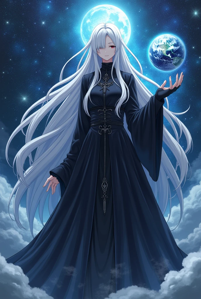 Draw a girl  anime wearing a death outfit she is bigger than the multiverse if you compare the earth to her the earth is just a grain of sand to her she has long hair and Kim is very beautiful in her hand she is holding the earth and cherishing her face can not be seen clearly but her platinum hair is very beautiful