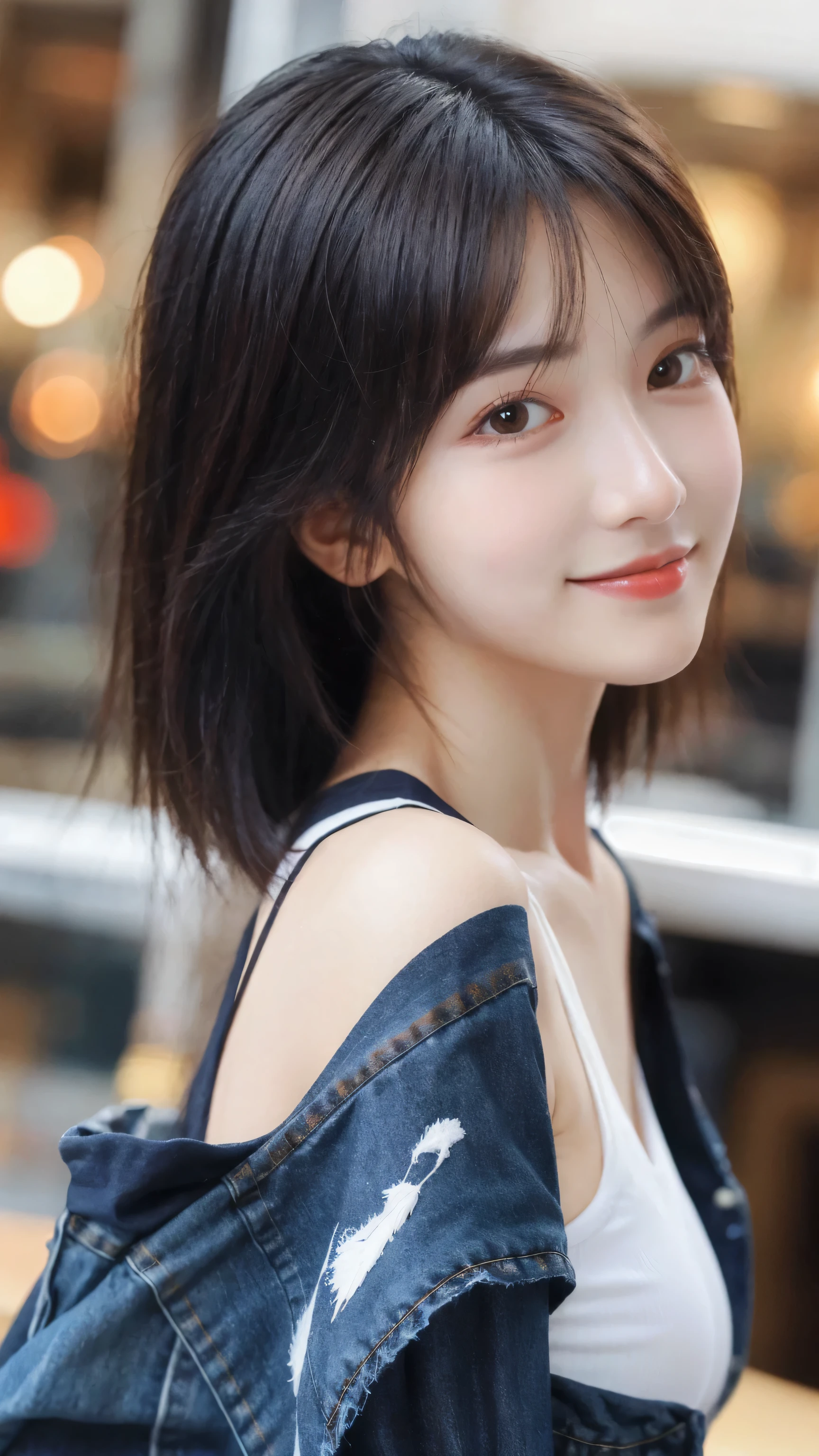 (8k, RAW Photo, Best Quality, Masterpiece:1.2), table top, Ultra Detail, Super Resolution, (Realistic, Realistic Photo:1.37), Portrait, High Detail RAW Color Photo, Professional Photo, Extremely Detailed and Beautiful, Extremely detailed, 8k wallpaper, amazing and detailed, huge file size, official art, highly detailed CG unity 8k wallpaper, highly detailed beautiful girl, highly detailed face, highly detailed eyes, highly detailed skin, highly detailed fingers, highly detailed nose, very detailed detailed mouth , perfect anatomy, highly detailed background, highly detailed clothes, 1girl, ,cute girl, realistic body, fair skin, glowing skin , slim body, handsome body, black hair , Semilong hair, (blunt bangs:1.2), smile, cute, youthful, cute face, realistic face, delicate eyes, drooping eyes, looking at viewer, (from behind), standing posture, Contraposto, dynamic lighting, (medium chest), (Perfect Body Proportions), (slender Body Proportions), tank top, jeans,