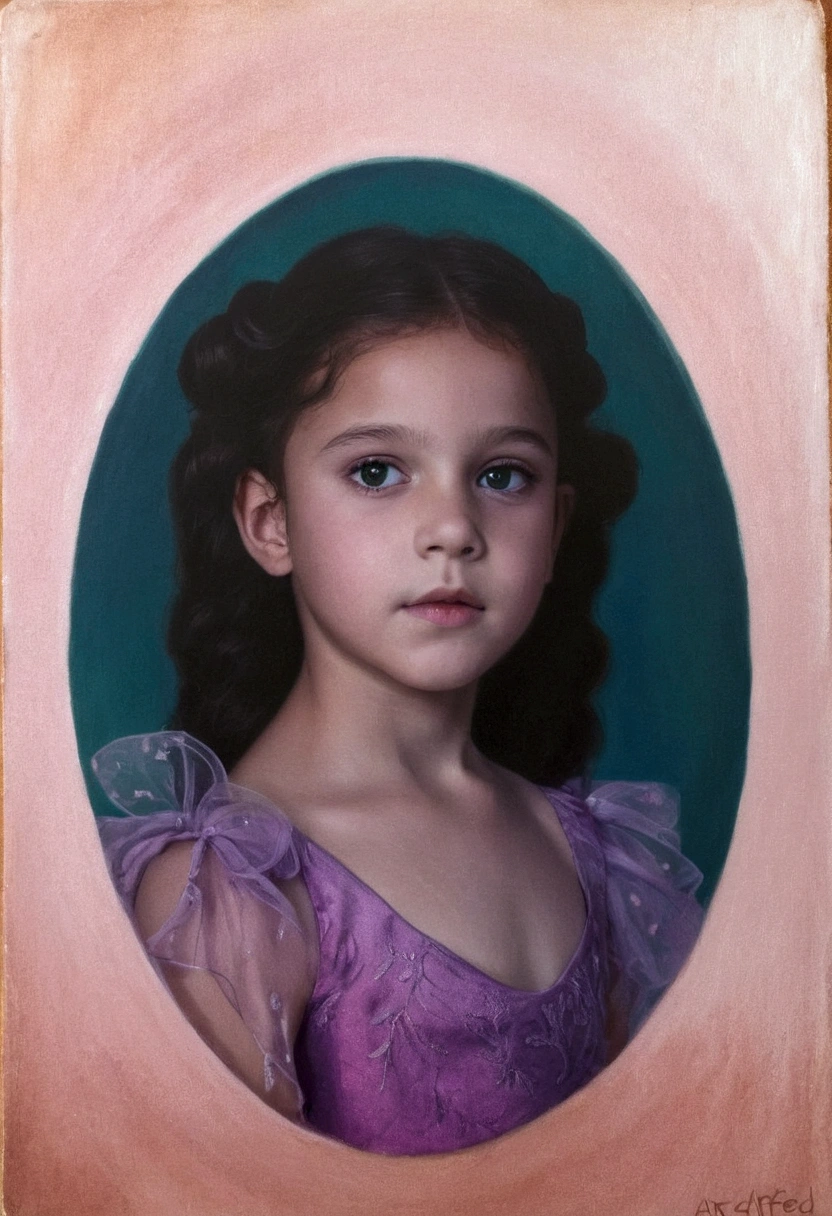 arafed photo of a young girl with a purple dress