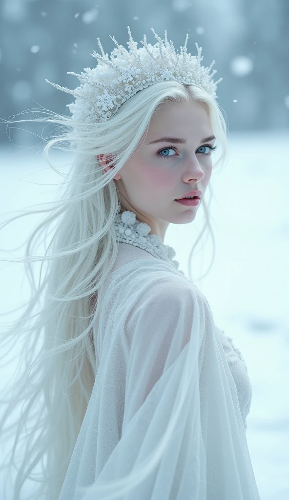 A vast snowy field, Goddess of the Eyes, high resolution, Beautiful Snow Maiden, Flower of the eye, Snow flurries are fluttering, 8k, pathetic