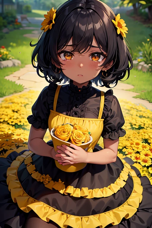 baby black skin tone, curly black hair, dark brown eye, yellow dress with flowers, sobbing, looking ahead at viewer 